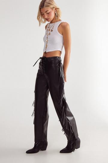 Black Fringe Faux Leather Trousers