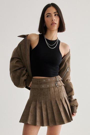 Distressed Faux Leather Pleated Skirt brown