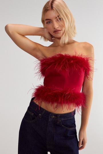 Satin Boned Feather Corset red