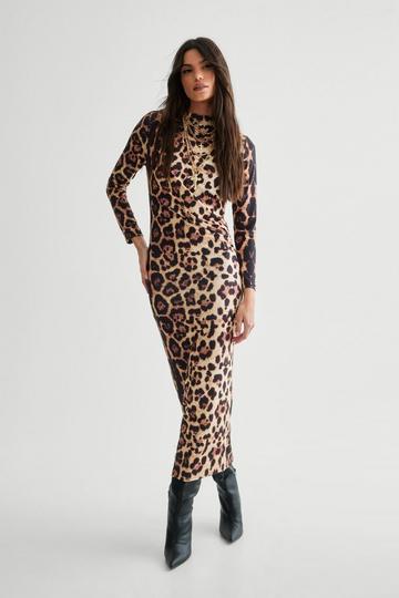 Leopard Print Long Sleeve Maxi Dress brown