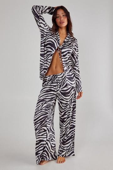 Satin Zebra Tie Front Shirt And Pants Pajama Set mono