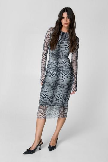 Animal Print Mesh Long Sleeve Maxi Dress mono