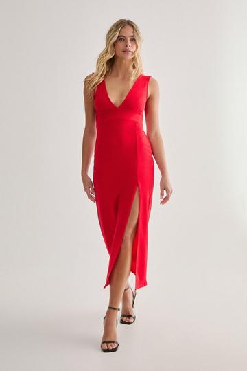 Plunging V-Neckline Split Midi Dress red