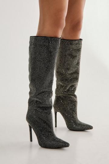 Black Diamante Embellished Knee High Heeled Boot