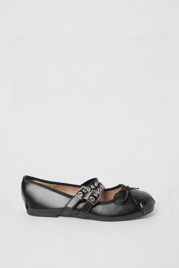 Double Buckle Strap Faux Leather Ballet Flat black