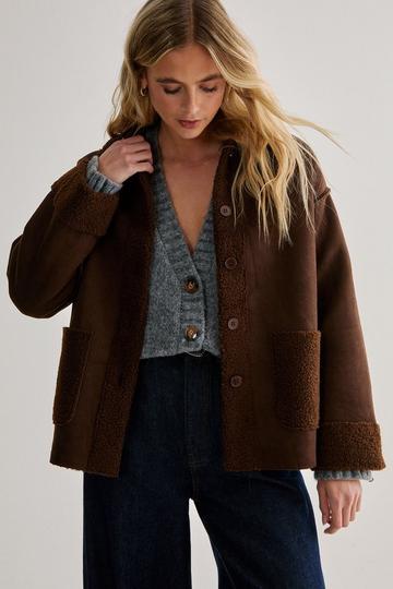 Shearling Collar Faux Suede Jacket brown