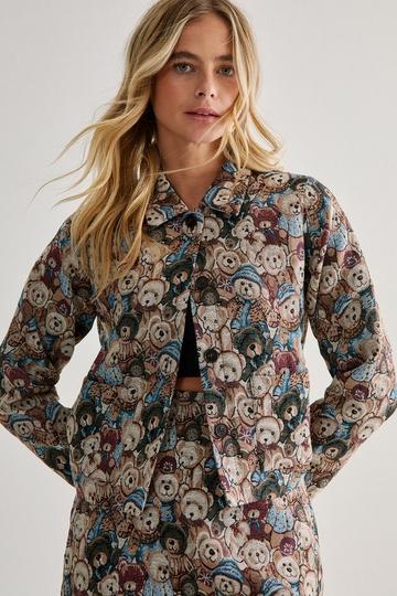 Blue Teddy Print Tapestry Cropped Jacket