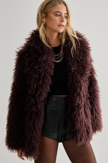 Faux Mongolian Fur Short Jacket brown