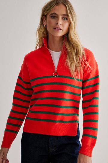 Stripe Quarter Zip Funnel Neck Jumper orange