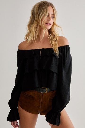 Ruffle Long Sleeve Button Down Top black