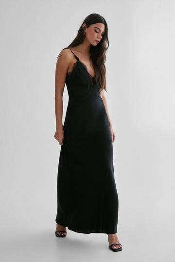 Lace Trim Satin Maxi Dress black