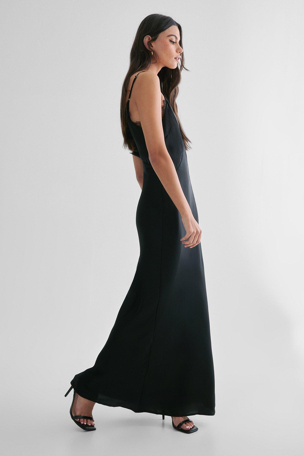 Nasty Gal Womens Lace Trim Satin Maxi Dress Black