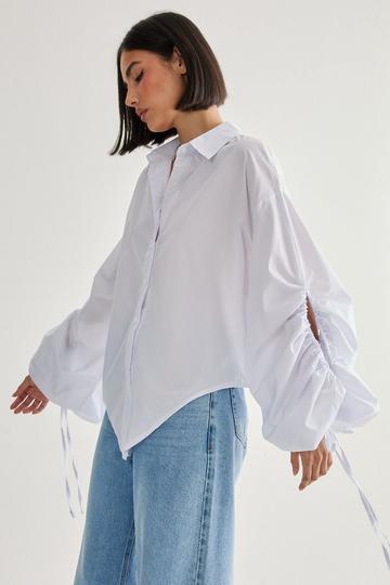 Ruched Sleeve Open Back Tie Detail Shirt white