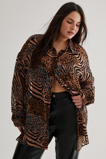 Plus Devore Leopard Zebra Oversized Sheer Shirt tan