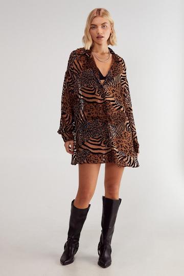 Devore Leopard Zebra Oversized Sheer Shirt tan