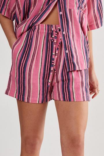 Pink Cotton Gauze Stripe Tie Waist Shorts