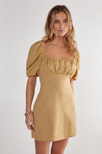(N) Cotton Puff Sleeve Tie Back Mini Dress khaki
