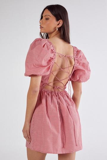 Red Gingham Puff Sleeve Tie Back Mini Dress