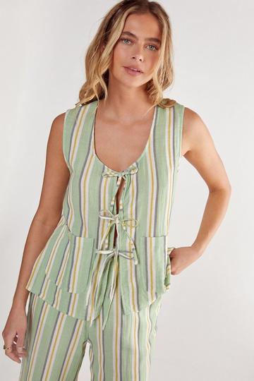 Green Cotton Gauze Stripe Tie Front Vest