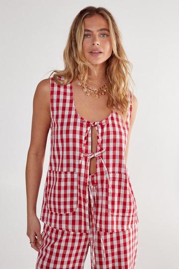 Red Gingham Tie Front Vest
