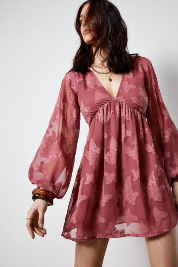(N) Jacquard Plunge Balloon Sleeve Tie Back Mini Tunic Dress wine