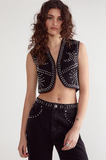 Western Studded Denim Waistcoat black