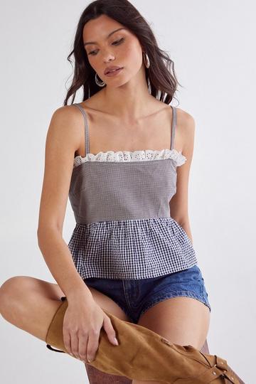 Gingham Mix Broderie Ruffle Cami Top mono