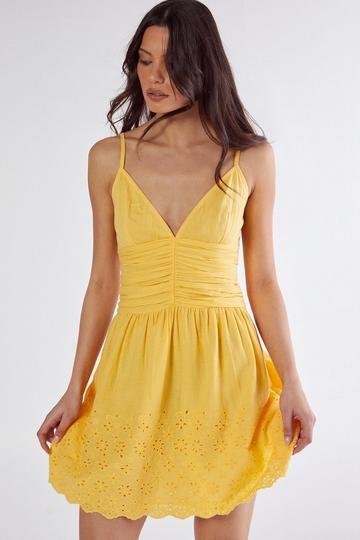 Cotton Ruched Button Broderie Hem Strappy Mini Dress lemon