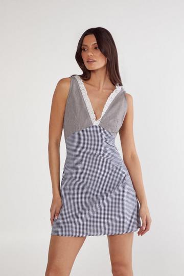 Gingham Mix Broderie Ruffle Plunge Mini Dress mono