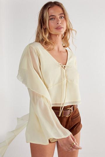Chiffon Ruffle Sleeve Tie Front Top lemon