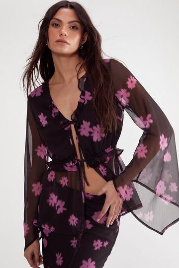 Black Ditsy Chiffon Ruffle Tie Front Fluted Sleeve Top