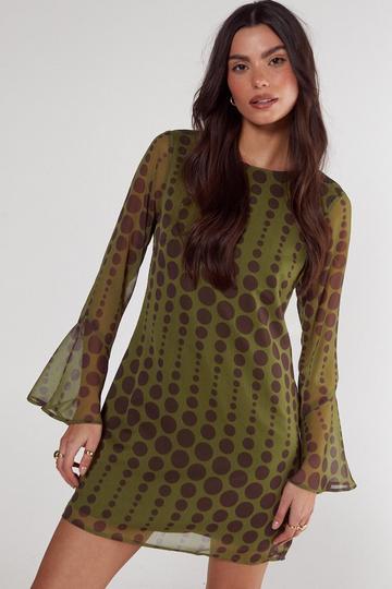 Chiffon Polka Dot Fluted Sleeve Tunic Mini Dress olive
