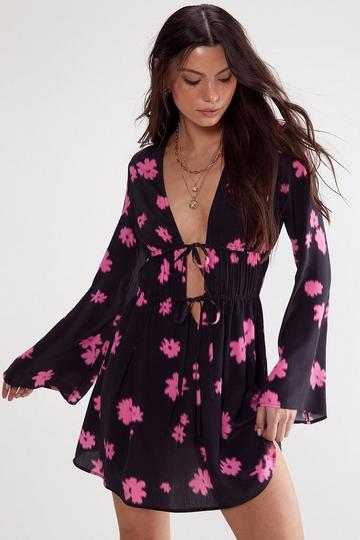 Black Ditsy Floral Ruched Tie Fluted Sleeve Mini Dress