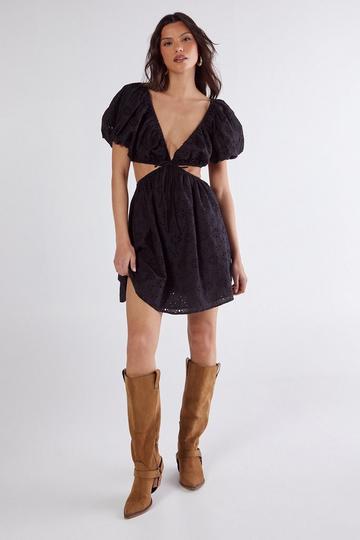 Broderie Cut Out Tie Front Puff Sleeve Skater Dress black