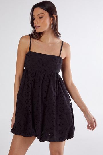 Black Broderie Puffball Strappy Mini Dress