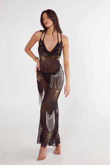 Celestial Embellished Tassel Detail Cowl Maxi Dress black