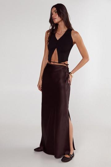 Satin Cut Out Tie Waist Bias Maxi Skirt chocolate