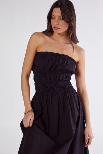 Cotton Poplin Bandeau Ruched Midi Dress black