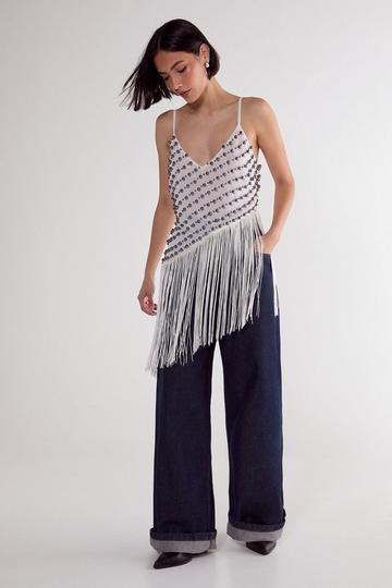 Studded Asymmetric Fringed Cami Top white