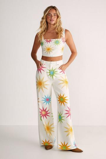 Embellished Star Detail Denim Crop Top ecru