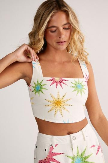 Embellished Star Detail Straight Leg Denim Jeans ecru