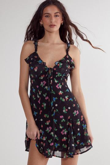 Fruit Ruffle Tie Front Mini Dress black