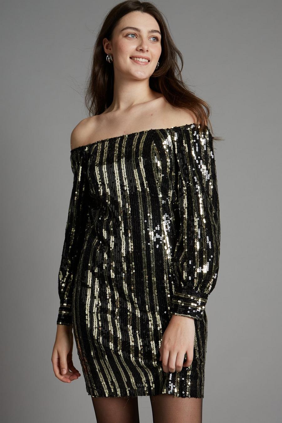 Gold Stripe Sequin Bardot Mini Dress
