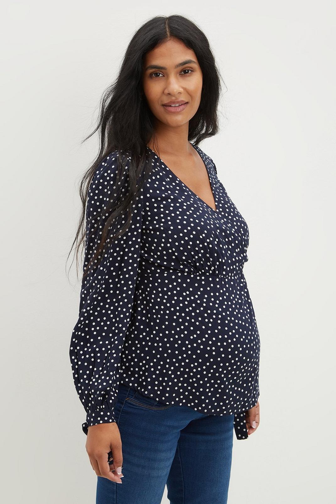 Maternity and Nursing Navy Spot Wrap Top image number 1