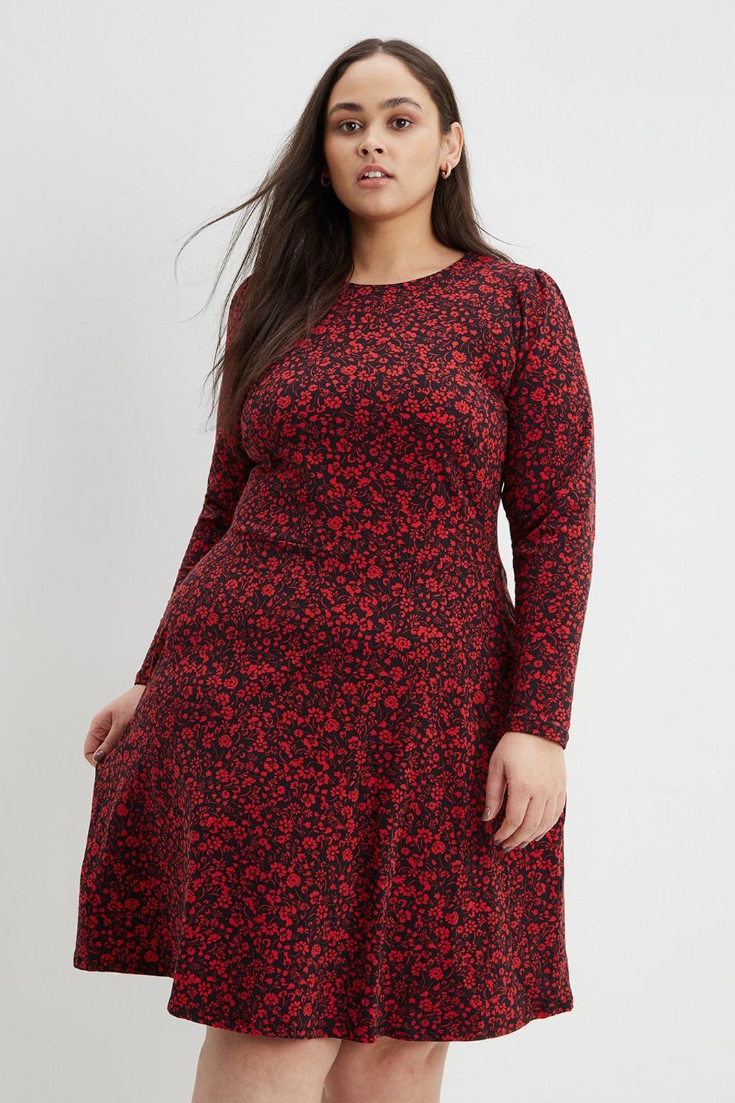 Multi Curve Red Ditsy Long Sleeve T Shirt Dress image number 1