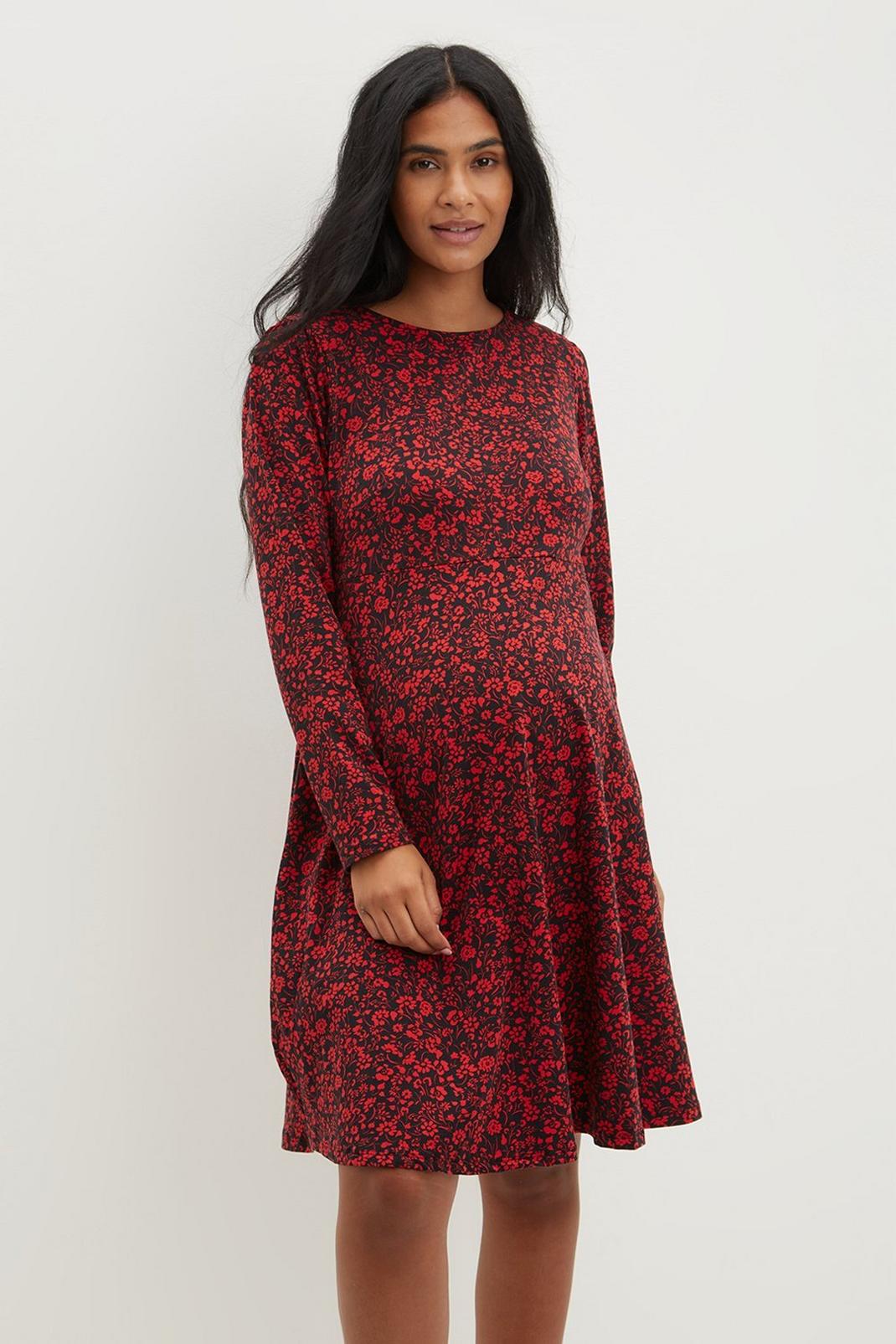 Multi Maternity Red Ditsy Long Sleeve T Shirt Dress image number 1