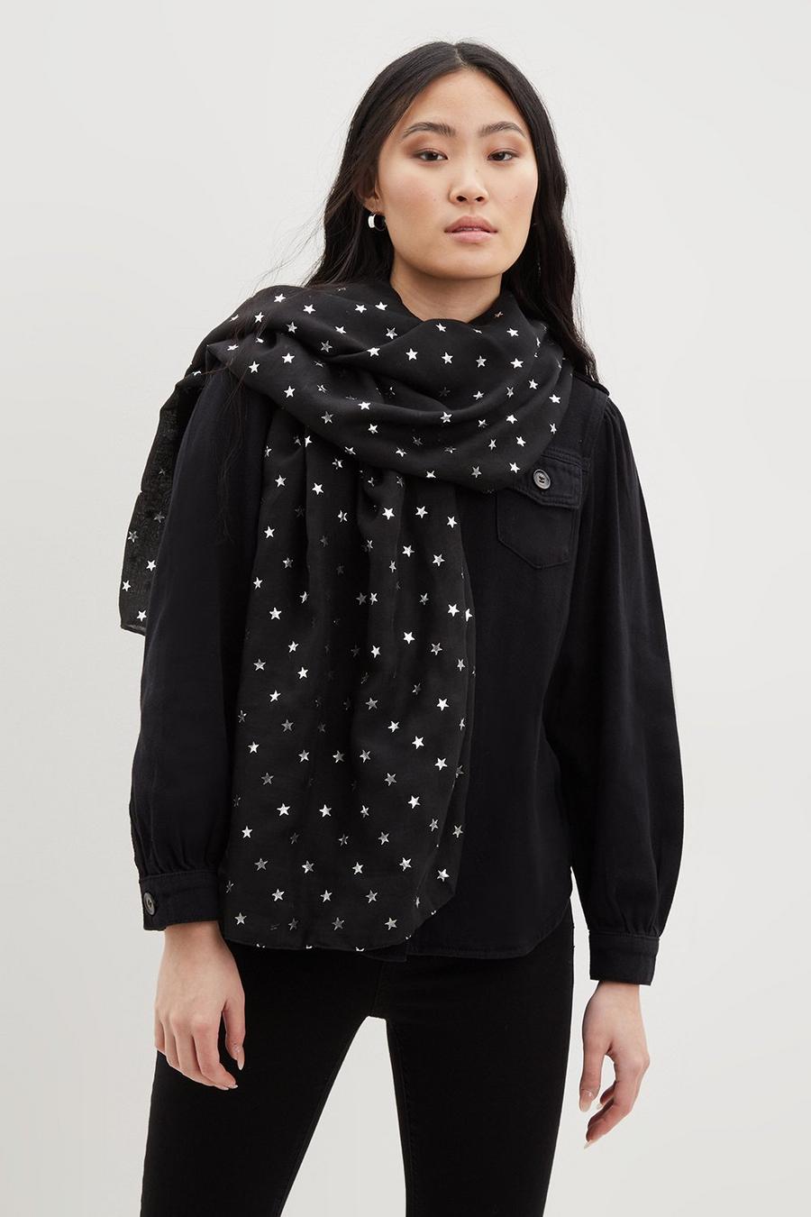 Recycled Black Silver Star Lightweight Scarf