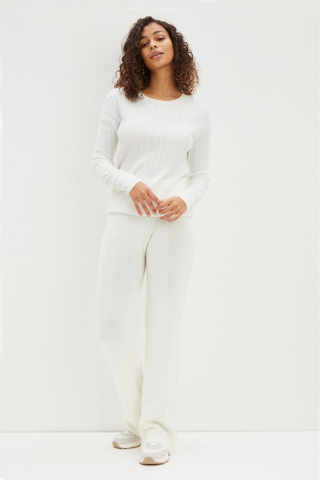 Cream Knitted Wide Leg Trousers  image number 1
