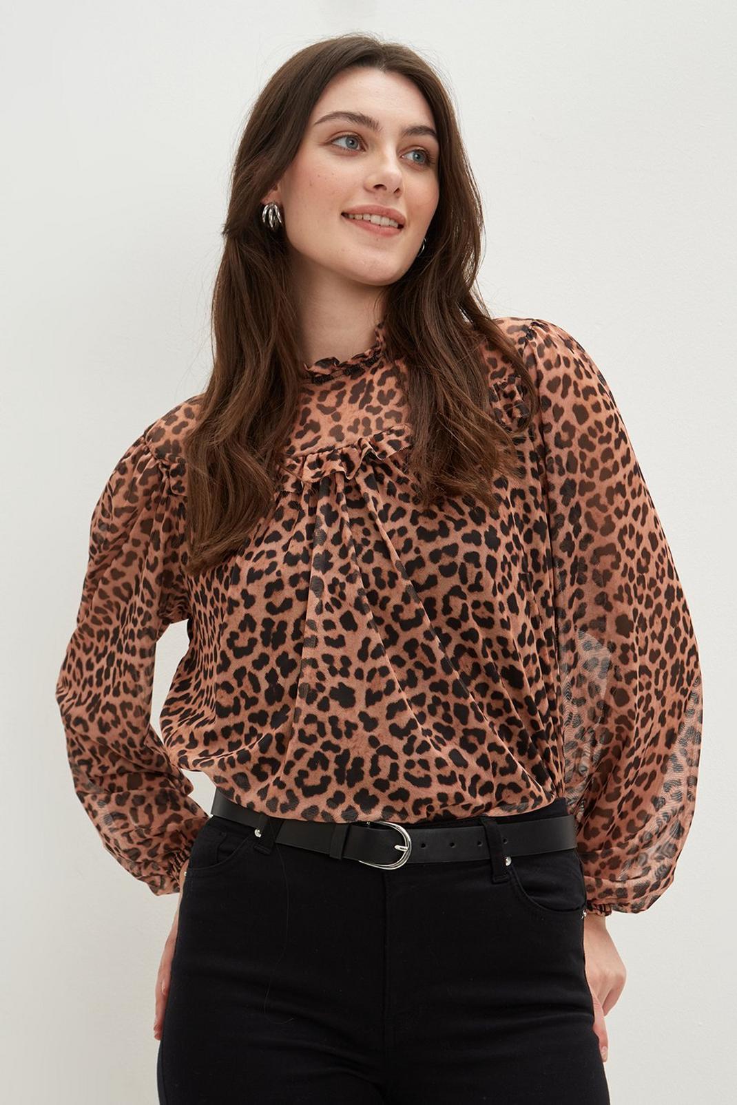 193 Long Sleeve Leopard Mesh Frill Top image number 1