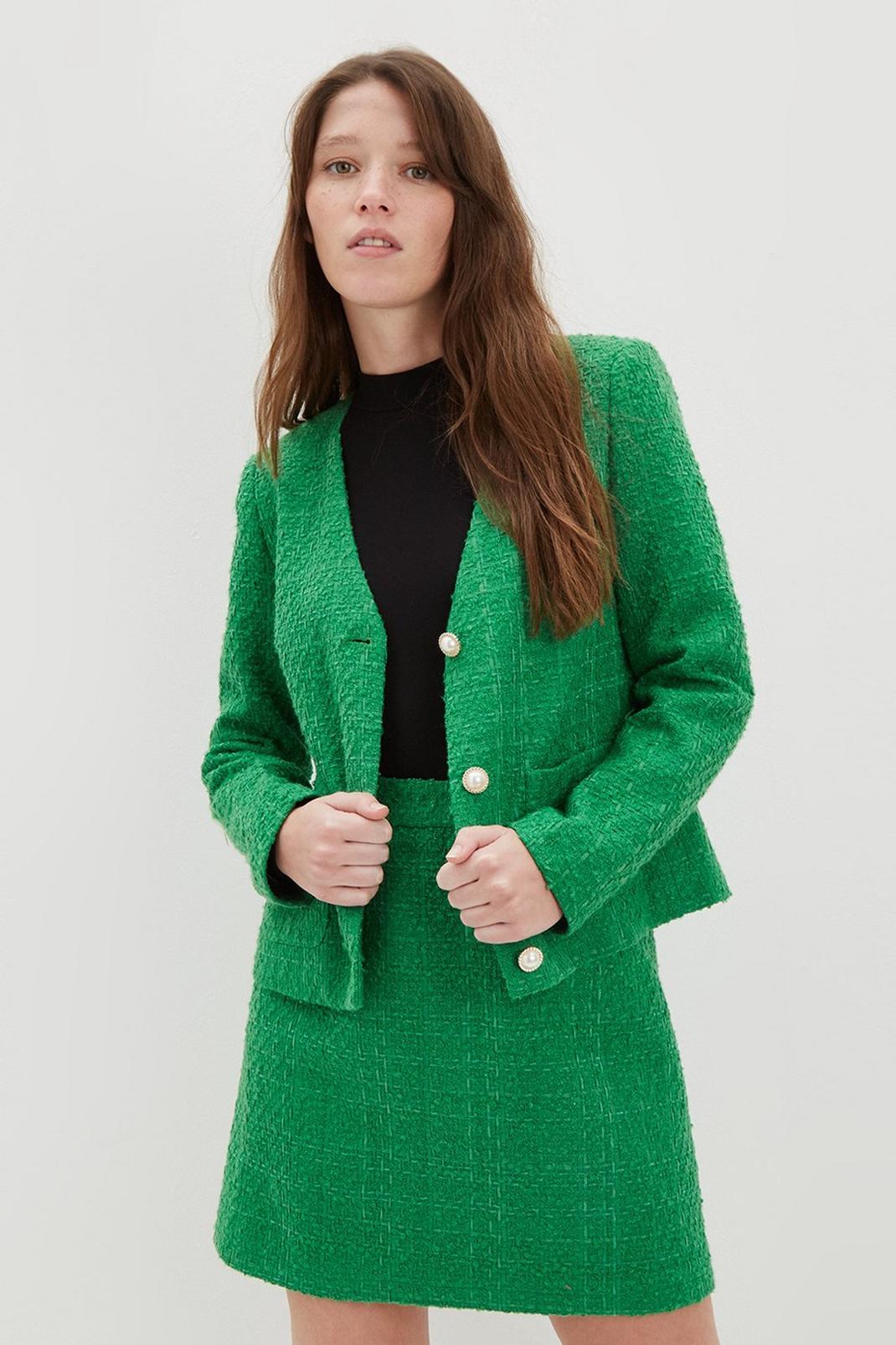 Green Collarless Boucle Jacket With Pearl Buttons  image number 1